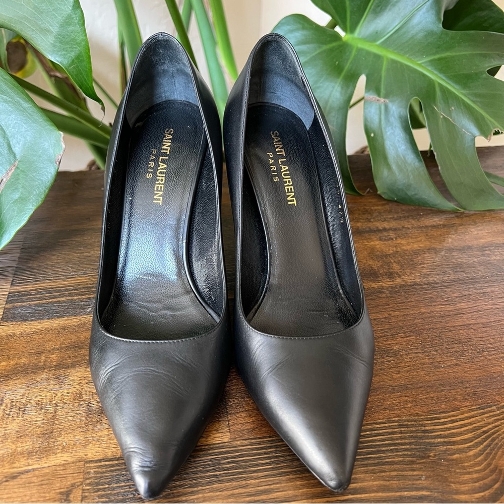 Saint Laurent Black Leather Pointed Toe Heels 37.5 $875 - Picture 5 of 17